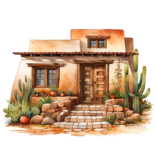 Photo watercolor pueblo house united states adobe walls vigas favo on white background aesthetics house