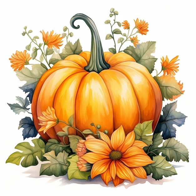 Watercolor pumpkin clip art oraange pumpkin with flowers for Thanksgiving day or Halloween AI generated