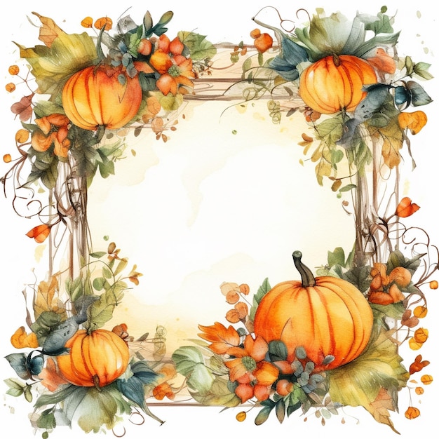 Watercolor pumpkin with fall maroon flowers on white background