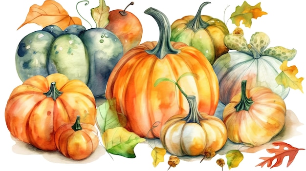 Watercolor pumpkins Halloween illustration set harvest Generative Ai