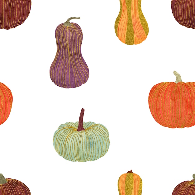 Watercolor pumpkins seamless pattern on the white background