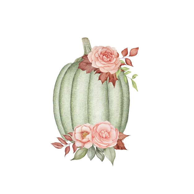 Watercolor pumpkins with flowers and autumn leaves Isolated on white background