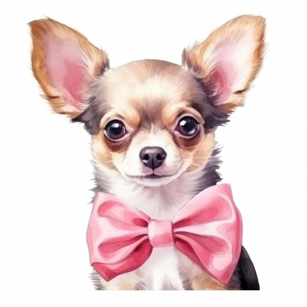 watercolor puppy of chihuahua with pink bow isolated