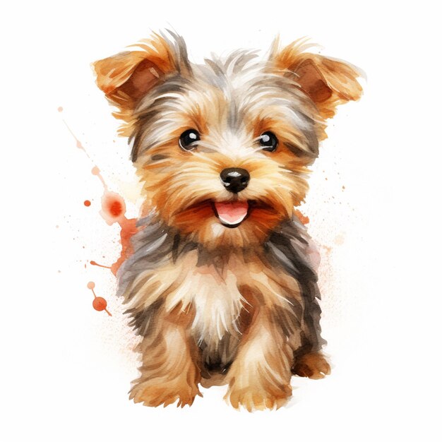 Watercolor of a puppy dog with a red and orange splatter.