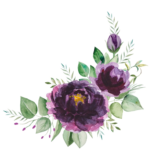 Акварель фиолетовые цветы и зеленые листья букет изолированных иллюстрация