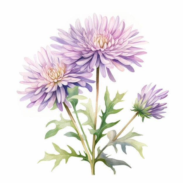 Photo watercolor purple and green chrysanthemums delicate realism illustration