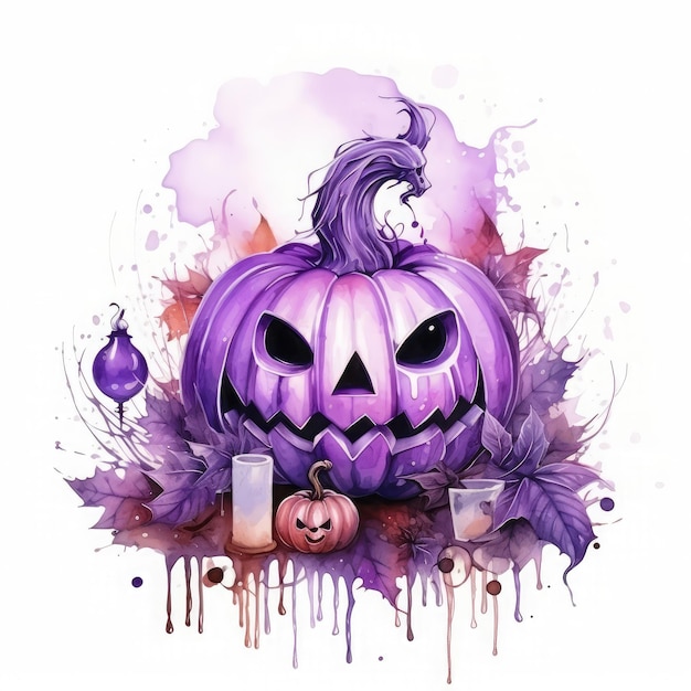 Watercolor purple halloween spell potions making in white color background