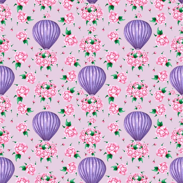Watercolor purple hot air balloon with peony flowers seamless pattern Hand painted illustration on blue background For design prints fabric or background