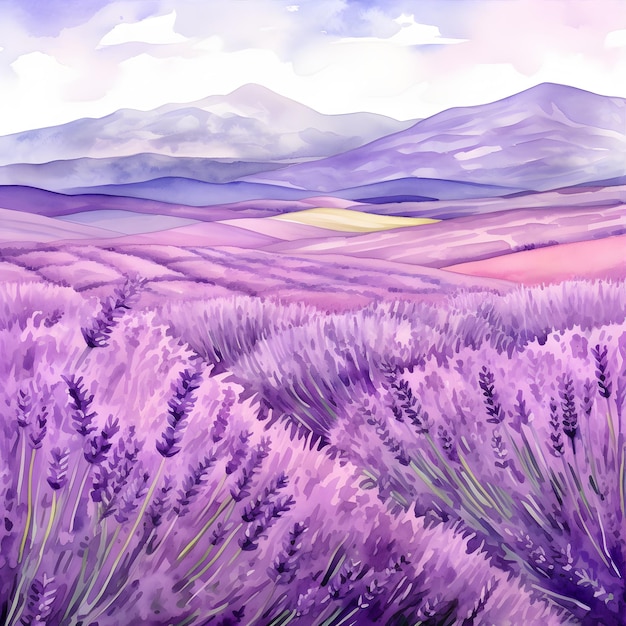 Watercolor purple lavender flowers field with hills Provence France