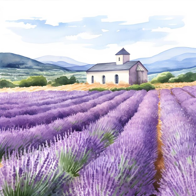 Watercolor purple lavender flowers field with rural provincial house Provence France