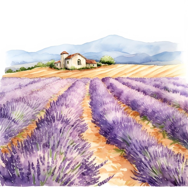 アクアカラー 紫のラベンダ花畑と農村の地方の家 プロヴァンス フランス