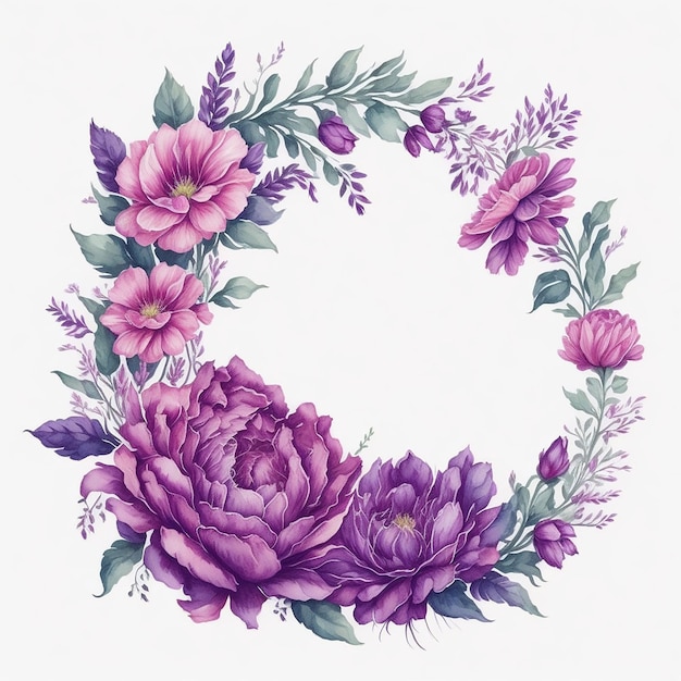 Watercolor purple and pink flowers circle frame concept