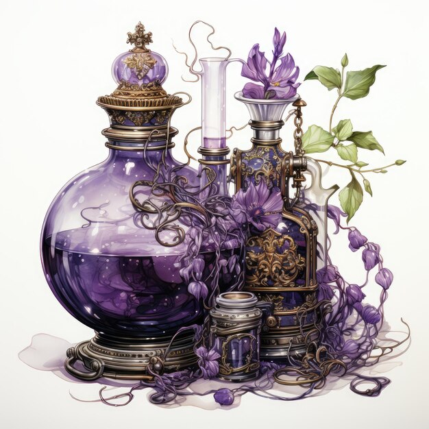 Foto acquerello viola steampunk potions clippart generative ai