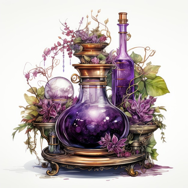 watercolor Purple Steampunk Potions clipart Generative Ai