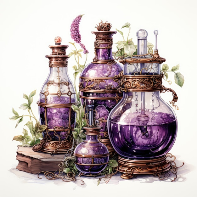 Foto acquerello viola steampunk potions clippart generative ai