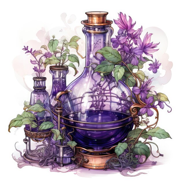 Foto acquerello viola steampunk potions clippart generative ai
