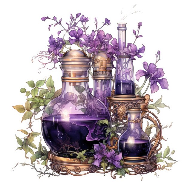 Foto acquerello viola steampunk potions clippart generative ai