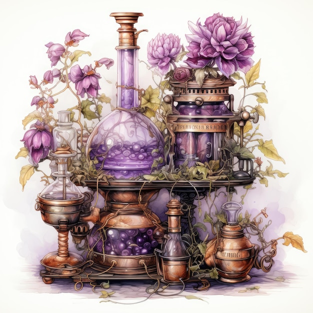 Photo watercolor purple steampunk potions clipart generative ai