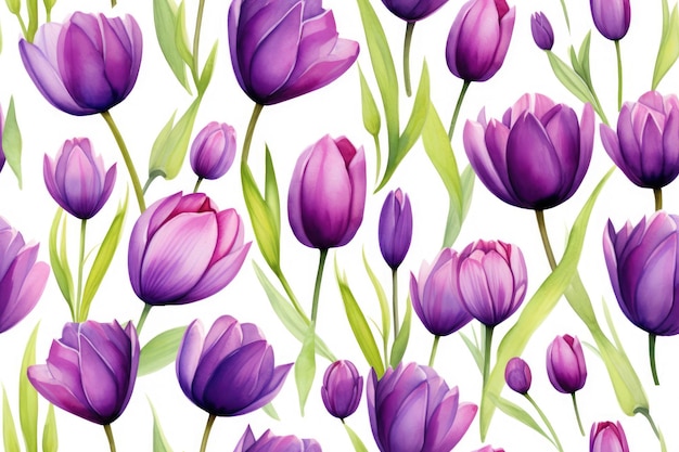 Watercolor purple tulips background seamless patterns