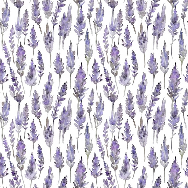 Watercolor Purple Violet Lavender Flower Floral Seamless Pattern on White Background