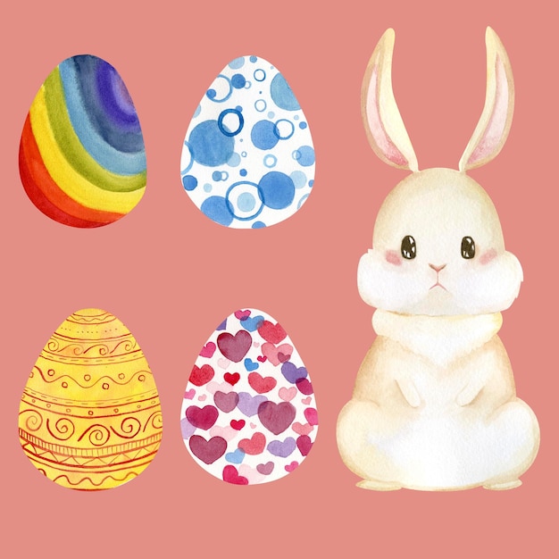 Watercolor rabbit character and set egg for easter