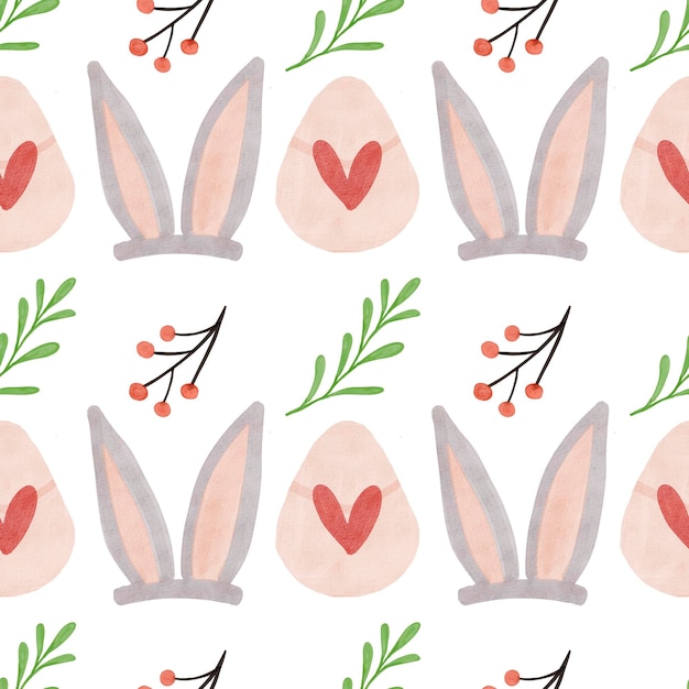 달걀, 붉은 열매, 녹색 잎이 있는 수채색 토끼 귀는 매끄러운 꽃무늬입니다. 부활절 패턴
