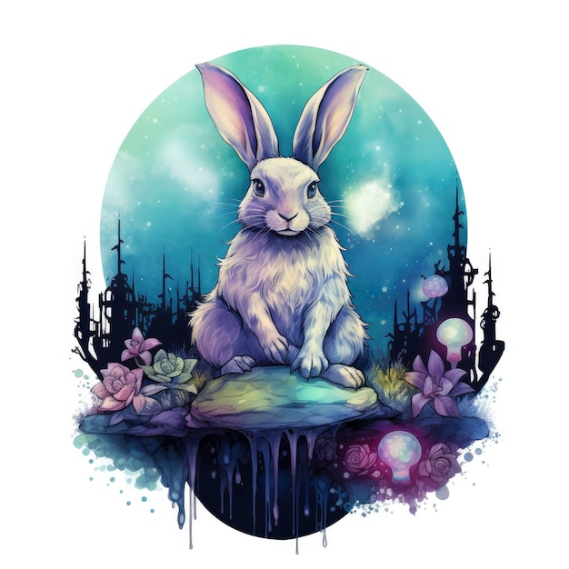 Watercolor Rabbit and Glowing Moon for Tshirt Design