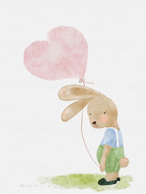 심장 모양 풍선을 들고 수채화 토끼 디지털 손으로 그린 귀여운 토끼 재미있는 얼굴로 잔디 필드에 혼자 서있는 어린이 생일 또는 초대 인사말 카드 그림 만화