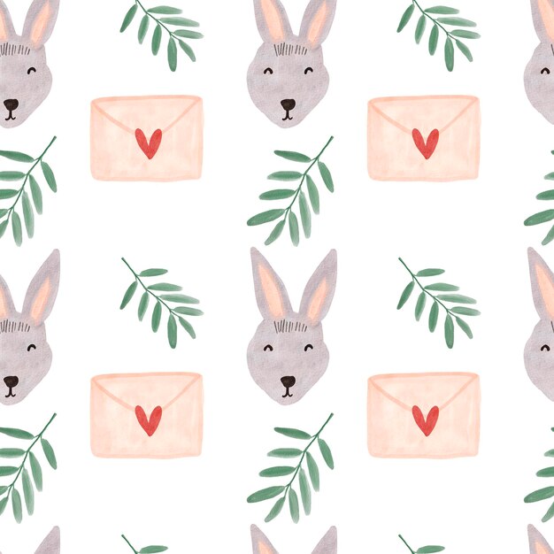 Watercolor rabbit with envelope heart seamless pattern. Easter watercolor soring illustration