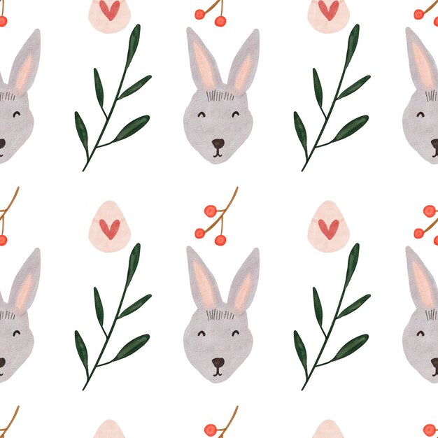 Watercolor rabbit with floral elements seamless pattern. Easter watercolor illustration on white