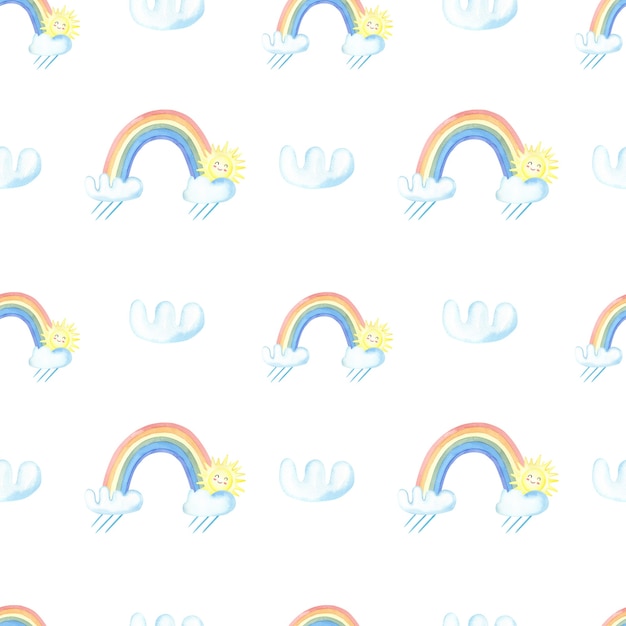 Watercolor rain,rainbow,clouds, sun on white background