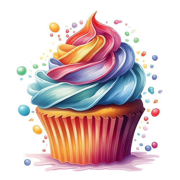 Watercolor Rainbow Cupcake Illustration Fantasy Realism Style
