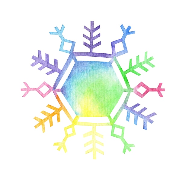 Watercolor rainbow hexagonal snowflake illustration