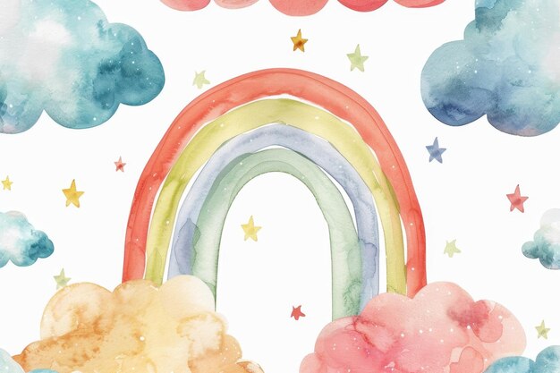 Watercolor rainbow pattern with clouds