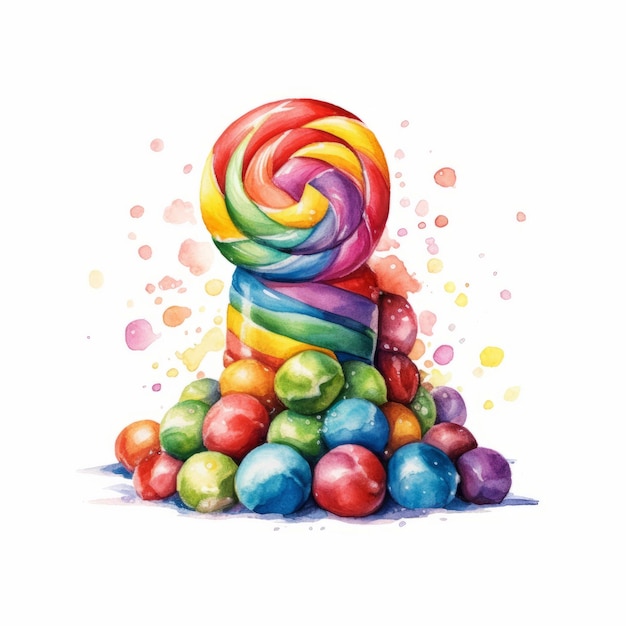 Акварельная радуга с конфетами и леденцами на белом фоне