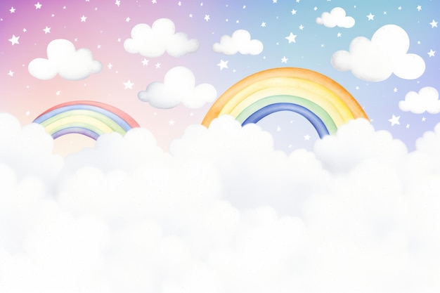 watercolor rainbow with clouds and stars on white background