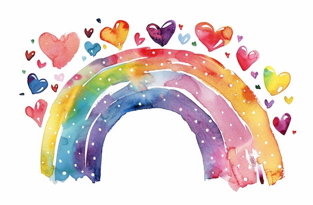 Watercolor rainbow with hearts isolated on white background