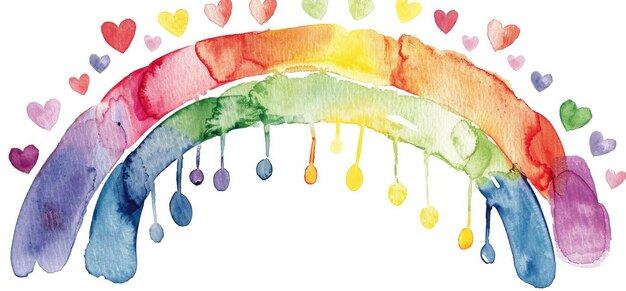 Watercolor rainbow with hearts isolated on white background