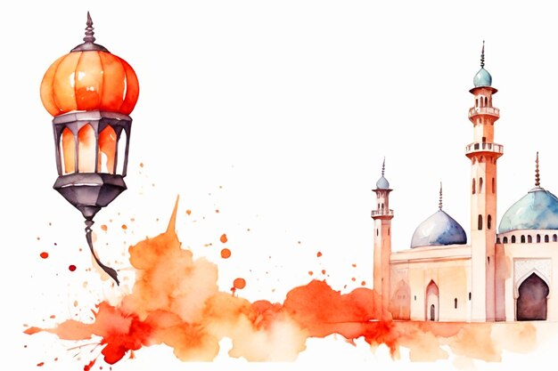 watercolor Ramadan Islamic Lantern and Mosque concept