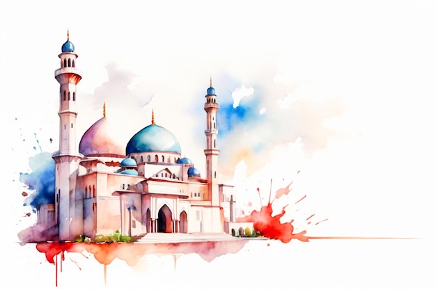 watercolor Ramadan Islamic Lantern and Mosque concept