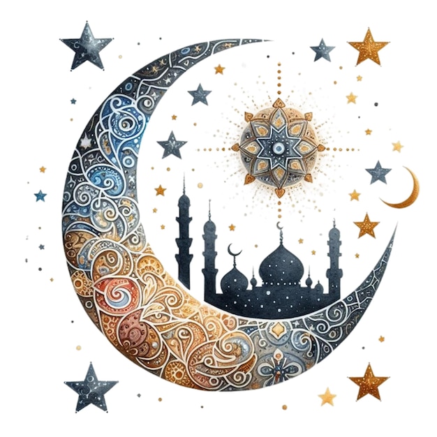 watercolor Ramadan Mubarak clipart featuring a crescent moon and stars with intricate patterns