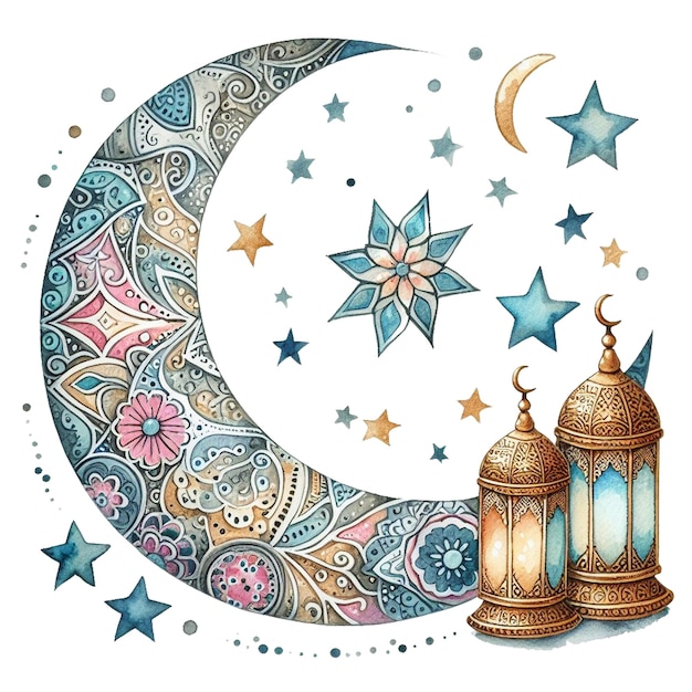 Photo watercolor ramadan mubarak clipart featuring a crescent moon and stars with intricate patterns