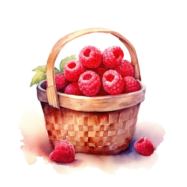 Watercolor raspberries in basket Illustration AI Generative
