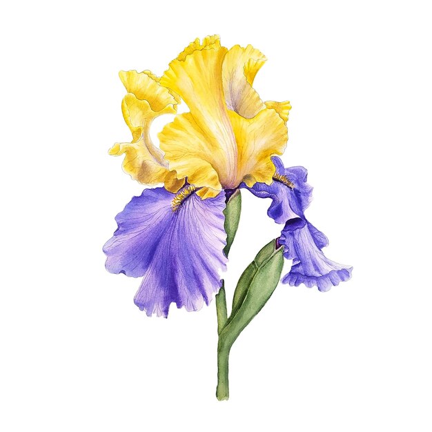 Watercolor realistic blue yellow iris