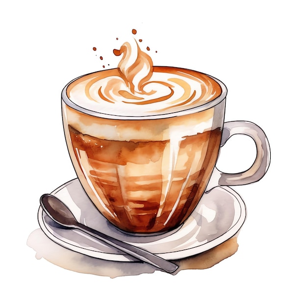 Watercolor Realistic Cappuccino on a White Background Delicious Coffee Art with Swirling Foam and