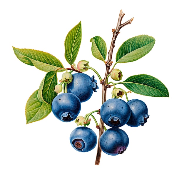 Photo watercolor realistic drawing of blueberries beautiful ripe blue berries and leaves isolated clipart