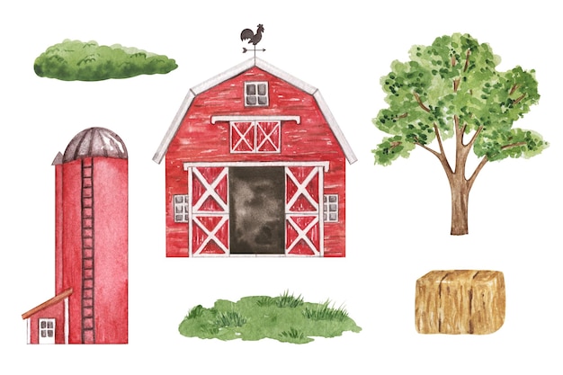 Photo watercolor red barn and silo clipart farm buildings and country landscape l set