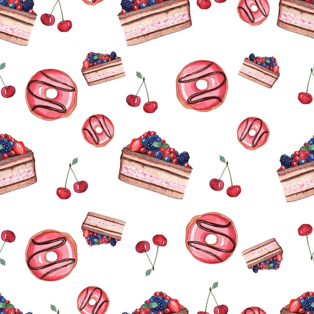 watercolor red cakes and donuts seamless pattern on white background for fabric textile wrapping scrapbooking cafe menu design