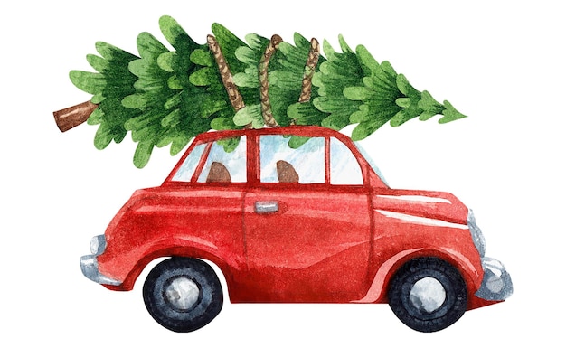 Automobile rossa dell'acquerello con l'albero di natale