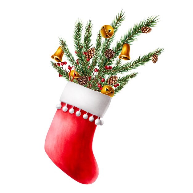 Watercolor red christmas stocking for presents with pine branch cedar fir cones berries golden bells